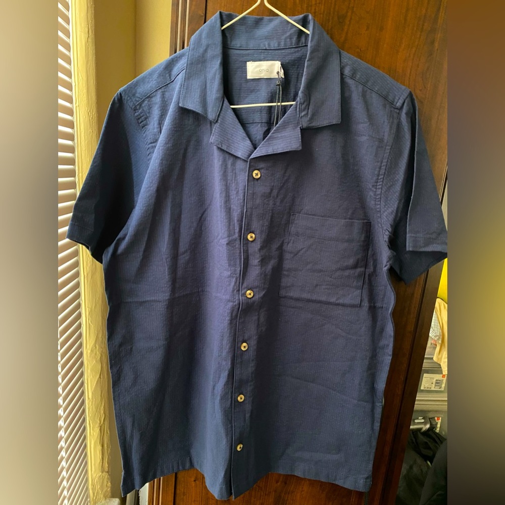 Onia Seersucker Camp Shirt in blue